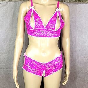 Exposed Pink Lace Bra Panty Set S/M Cutout Bow Lingerie NWOT